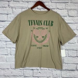 Fifth Sun Tennis Club Pendant Tan Taupe Crop T Shirt Raw Edge Hem Size Large